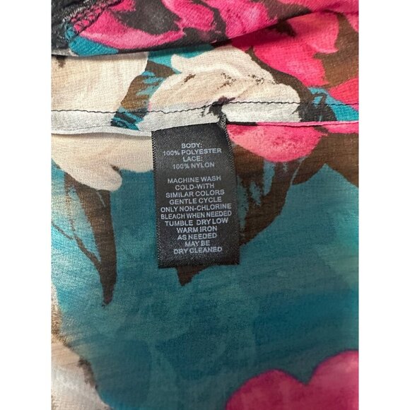 White House Black Market Womens Green Red Floral Lace Trim Sheer Blouse Size M - Picture 8 of 10